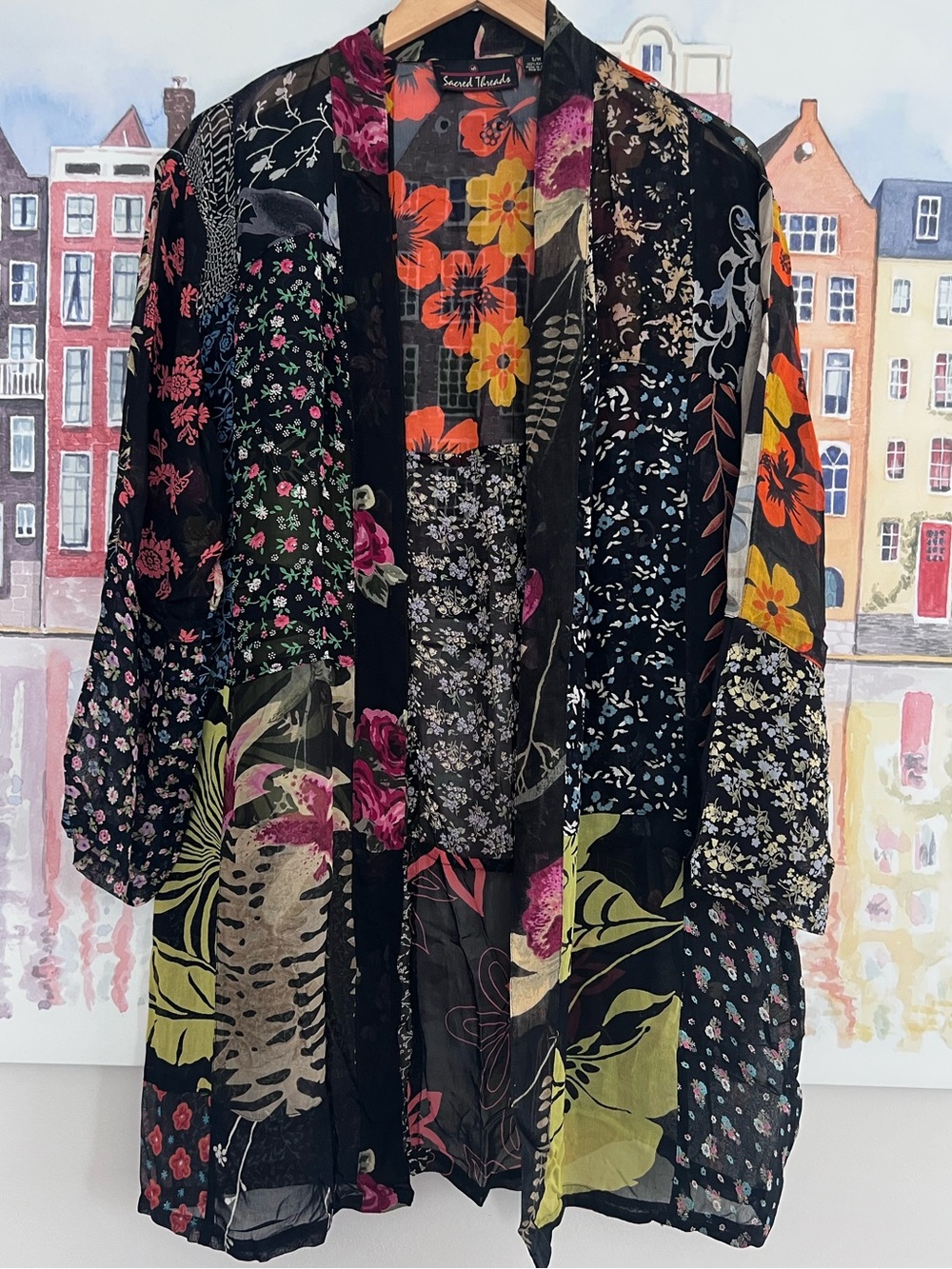 Sacred Threads Boho Floral Semi Sheer Open Front Kimono S/M